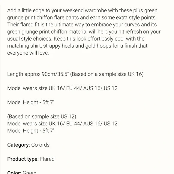 NWT PRETTY LITTLE THING Plus Green Grunge Print Chiffon Flare Pants SIZE 16 - Picture 8 of 8